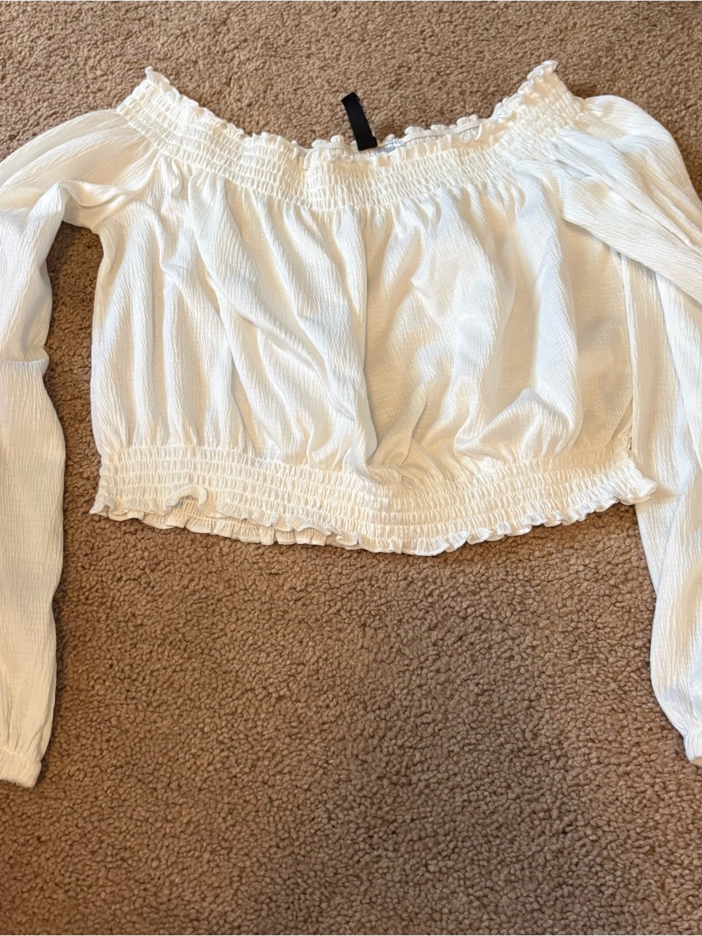 Divided White Off-the-Shoulder Smocked Cropped Blouse